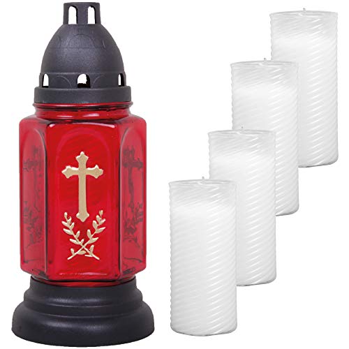 HS Candle Grableuchte aus Glas (24cm) mit Kreuz inkl. 5 Nachfüllkerzen - Design Buena rot Cover