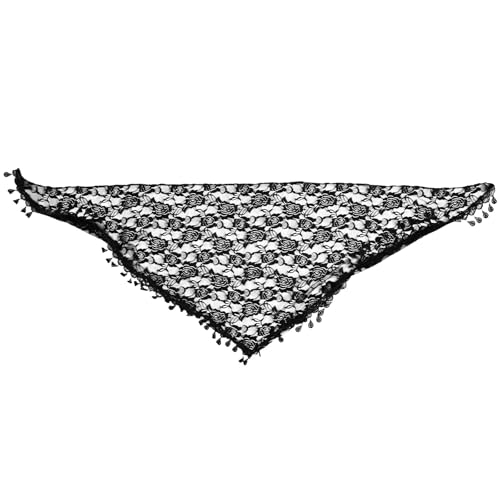 SOLUSTRE Bufanda de Encaje Triangular Negra con Flecos, Velo Mantilla para Mujer y Niña, Chal Ligero Decorativo para Bodas, Fiestas y Uso Diario