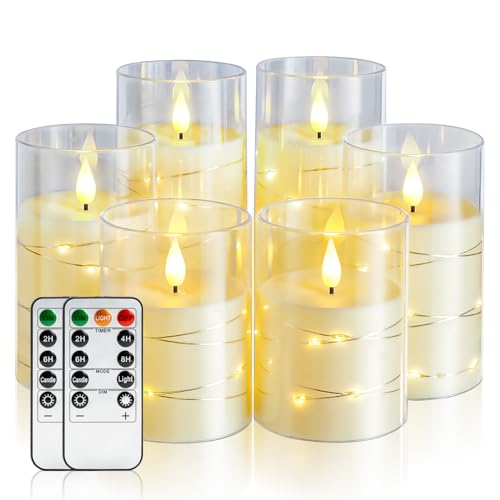 Image of Amagic LED Flameless Candles, Battery Operated Candles with Embedded Fairy Lights, Acrylic Fake Candles with Remote and Timer for Wedding Home Decor, Ivory White, Set of 6, D3 x H4 5 inch 6 inch