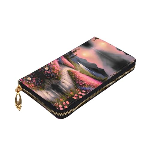 A path full of flowers printing Women's leather long handheld wallet large capacity credit card zipper bag3