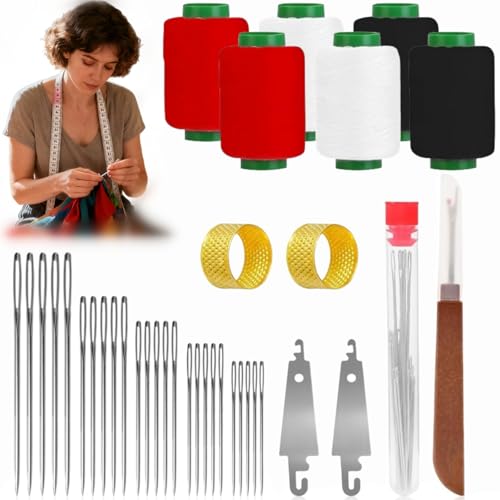 Big Eye Steel Needle Set, Beginner's Needlework Sewing Kit, incluye 25 agujas de acero, 3/6 carretes de hilo, extractor de costuras, 2 agujas (37 unidades)
