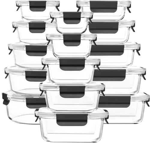Meal Prep - Juego de 15 recipientes de cristal con tapa a prueba de fugas, para microondas, congelador y lavavajillas, color negro