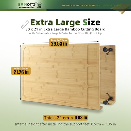 Image of 30 x 21 in Extra Large Bamboo Cutting Board and Stovetop Cover, Stove Top Cover Chopping Board with Detachable Legs and Juice Groove, Protector Board for Restaurant Kitchen Counter & Sink