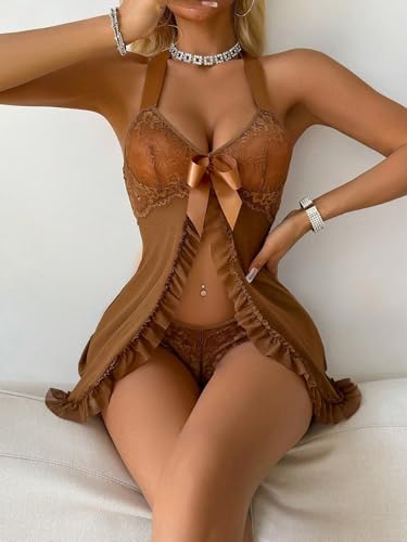 Image of Foxiny Sexy Halter Open Front Ruffle Sheer Mesh Lace Babydoll Lingerie Dress with Thong 2 Piece