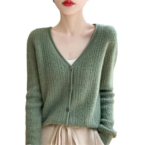 ERFMFKL Suéter de lana merino 100% para mujer, cuello en V, cálido, cárdigan de punto cálido, turquesa, L