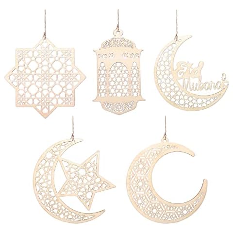 Eid Ramadan Decorations for Home, 10pcs Wooden Pendant Ramadan Eid Mubarak Decorations Hanging Lantern Moon Star Ornament for Islamic Ramadan Mubarak Home Party DIY Wall Decor Cover