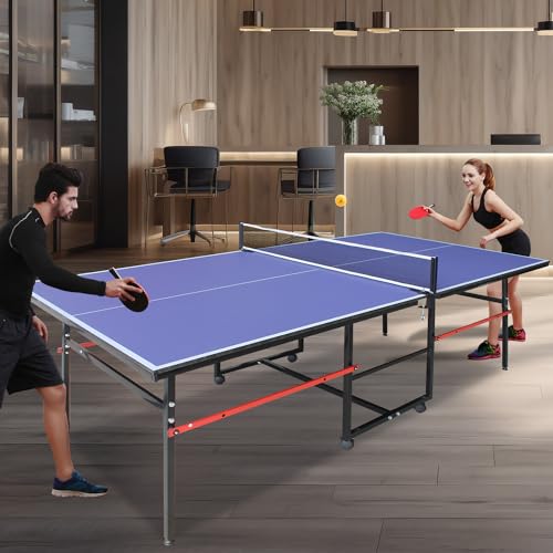 Professional Outdoor Table Tennis Tables–8ft Mid-Size Portable Ping Pong Table Game with Net,2 Table Tennis Paddles and 3 Balls for Easy Movement Perfect Christmas New Year Holiday Season Gifts