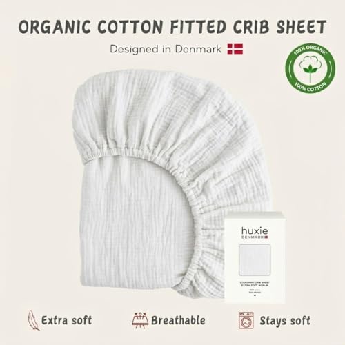 Image of Crib Sheets - Organic Cotton Muslin Fitted Crib Sheet - Standard Size for Baby Boy and Baby Girl 28 inch x 52 inch Ultra-Soft and Breathable. (Soft White)