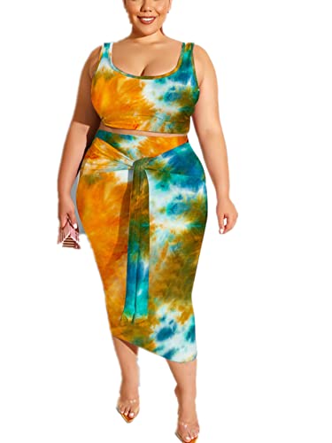 Image of Plus Size Women 2 Piece Outfits Sets Sexy Tracksuit Midi Dress,Sleeveless Tank Top Bodycon Skirts Set Casual Summer