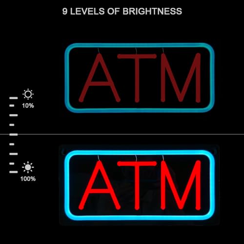 Image of ATM LED Neon Sign, 12 inchx6 inch, USB Powered with 9 Brightness Levels, Business Signboards for Bank Supermarket Convenience, Easy to Install, Ideal for Shop Wall Window Decoration (Red, Black Acrylic)
