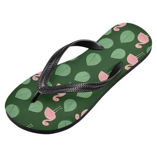 ALAZA Cute Flamingo Green Leaf Flip Flops for Women Fashion Beach Slippers Comfort Mens Flip Flops Non-Slip Rubber Shower Slippers Sandal for Hotel Travel Sport,XS2
