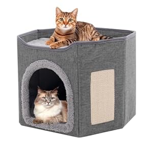 Large Cat Bed for Indoor Cat Cave for Pet Cat House with Scratch Pad, Foldable Cat Hideaway,18×17.3×15 inches.Grey