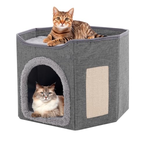 Large Cat Bed for Indoor Cat Cave for Pet Cat House with Scratch Pad, Foldable Cat Hideaway,18×17.3×15 inches.Grey