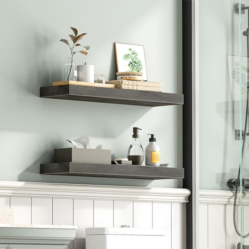Image of HOOBRO Floating Shelves for Wall, Wall Mounted Shelf Set of 2, 23.6 inch Hanging Shelf with Invisible Brackets, for Wall Decor Storage in Bathroom Bedroom Kitchen Livingroom Office, Charcoal Gray BC60BJ01