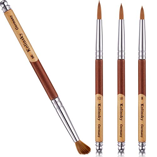 3 Pieces Kolinsky Acrylic Nail Brush Sable Nail Art Liner Brush Soft Nail Brushes for Acrylic Nails with Wooden Handles for Acrylic Application Liquid Styling Nail Art Manicure, Size 8, 10, 12