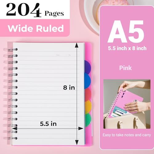 Carnet à spirale ligné pour ne plus perdre ses notes cahier rigide rose 5 intercalaires - 2