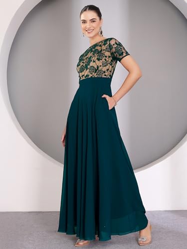 Image of Miss Chase Women's V-Neck Full Sleeve Self Design Lace-Overlaid Georgette Maxi Dress
