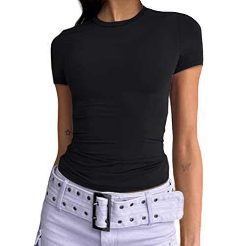 Image of Dwnval Womens Classic Short Sleeve Summer TOS Crew Neck Slim Fit Crop T Shirt