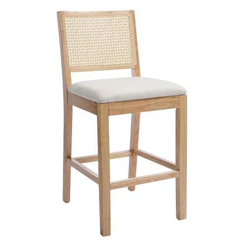 Image of 26'' Rattan Bar Stools Set of 6, Linen Seat,Cream | Cane Back,Rubberwood Frame,Low Maintain Fabric,Tucks Under Counters,for Kitchen Island Home Bar
