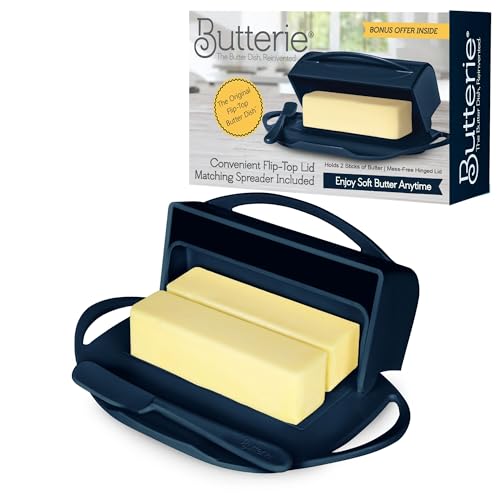 Image of Butterie Flip Top Butter Dish with Attached Lid & Matching Knife - Holds 2 Sticks, Fits Kerrygold /European Butter - BPA Free & Dishwasher Safe - Navy
