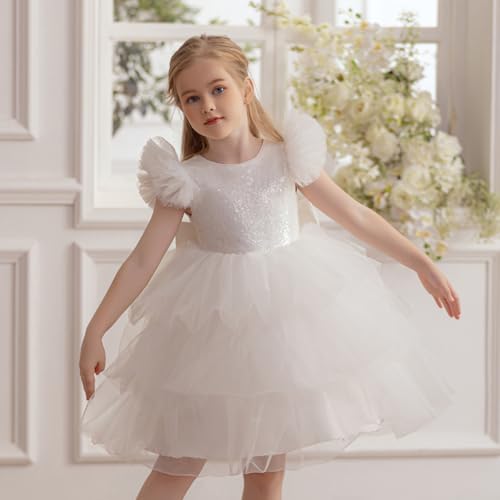 Flower Girl Dress Ruffle Sleeve Layered Rainbow Holiday Fancy Satin Tulle Elegant Party Formal Communion Gown4