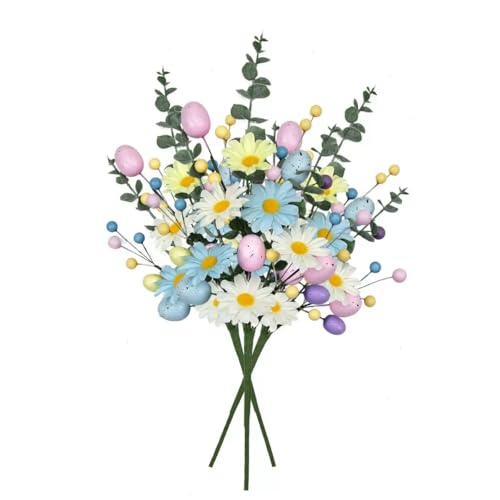 3Pcs Easter Egg Floral Arrangement with Daisies, Eucalyptus and Decorative Eggs, Spring Theme Artificial Flower Bouquet（45cm）