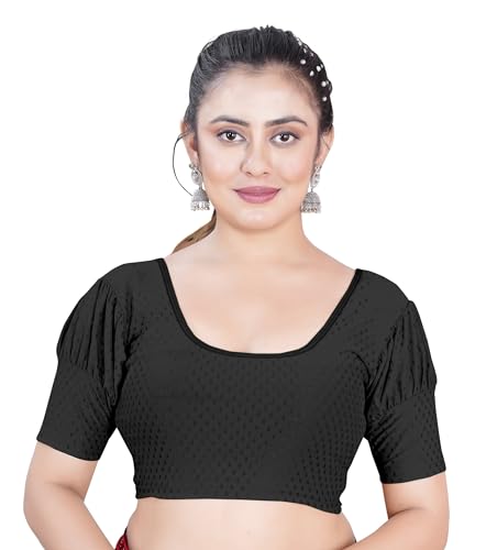 Image of Women's Black Embroidered Crop Top with Short Puff Sleeves, Scoop Neck