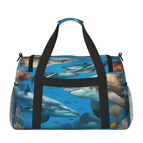 Dolphins Sea Turtle Shark Octopus Coral Reef Print Stylish Foldable Carry On Tote with Waterproof Zipper for Weekend Getaways Bag2