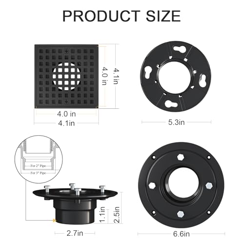 Image of Shower Floor Drain, 4 Inch Square Shower Floor Drain Kit with ABS Flange