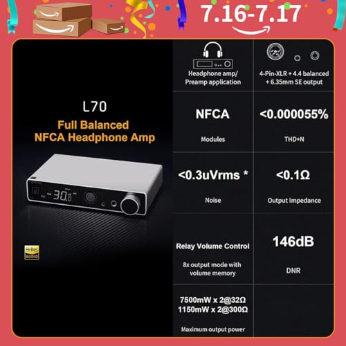 Image of Topping L70 Full Balanced NFCA Headphone Amplifier, 7500mWx2 HiFi Headphone Amp, 4-Pin XLR /4.4mm Balanced /6.35mm SE Earphone Jack /Line Output XLR /TRS /RCA Input Home Audio Preamplifier (Black)