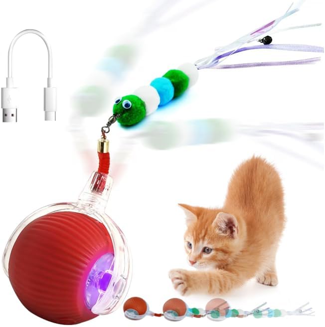 Pelota de juguete interactiva para gatos con divertida cola y campana, movimiento automático para gatos de interior, rodando rápidamente en el