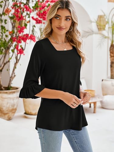 Poetsky Women's Casual 3/4 Sleeve Tops Summer Square Neck T Shirts Ruffle Loose Fit Tunic Blouses4