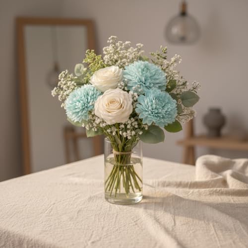 Image of Premium Artificial Flower Bunch - Mum, Rose with White Baby Breath | Realistic Fabric Petals | Artificial Flowers for Vase | Home Decoration Items for Living Room & Bedroom | Light Blue