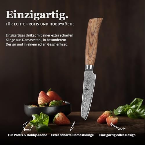 Foto von Wakoli EDIB Pro Gemüsemesser aus Damaststahl (VG10 Kern) mit 10 cm Schälmesser Klinge – scharf & ergonomisch – Damastmesser mit Pakkaholzgriff in Geschenkbox – Damast Küchenmesser für Obst & Gemüse
