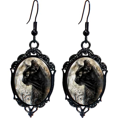 Goth Black Cat Cameo Earrings - Vintage Gothic Black Cat Drop Dangle Earrings - Halloween Witch Costume Accessories Women Jewelry Gift for Women