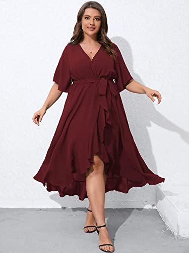 Scomchic Plus Size Wedding Guest Dresses For Women Short Sleeve Wrap V Neck Ruffle Burgundy Cocktail Maxi Dress 3Xl #TOP1