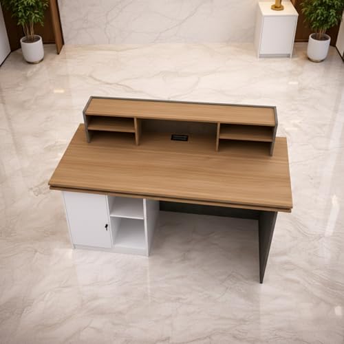 Image of Modern Reception Desk for Office, Hotel, Salon, Clinic, Spa & Commercial Lobby | Luxury Stone Finish Front Reception Counter Table with Workspace Area - (RCT-003 LPB L6W2)