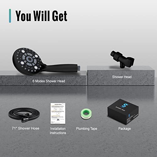 Handheld Shower Head, Sr Sun Rise 6-Settings 4.8 Inches High Pressure Shower Head With 1.8 Meter/70.8 Inch Long 304 Stainless Steel Shower Hose And Shower Arm Mount With Brass Ball Joint, Matte Black #TOP6