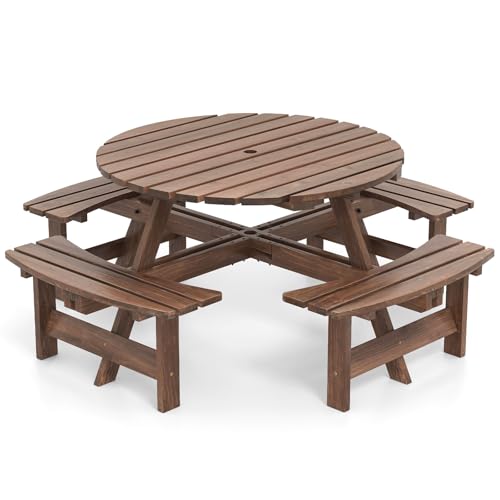 GIANTEX Salon de Jardin 8 Personnes en Bois de Sapin, Table de Jardin Extérieure avec Chaises, Trou de Parasol, pour Partio, Cour, Terrasse, Pique-Nique, 178...