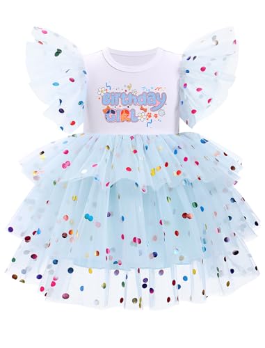 IMEKIS Toddler Birthday Girl Dress Shiny Confetti Tulle Tutu Dress Ruffle Sleeve Cake Smash Outfit Photo Shoot 1-6T