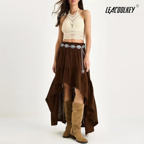 Image of LEACOOLKEY Women Turquoise Concho Chain Waist Belt Silver Western Cowgirl Metal Chain Belt for Dress Adjustable