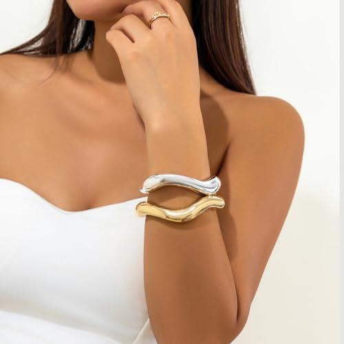 2pcs Gold Bangle Bracelets for Women Chunky Gold Silver Bangle Cuff Bracelet Stack Trendy Bangle Arm Cuff Set2