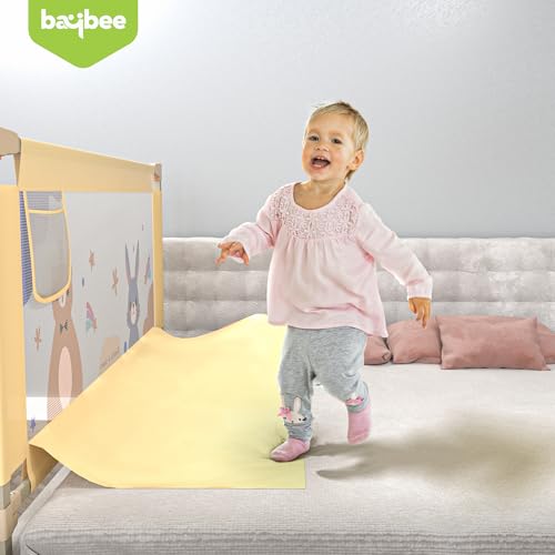 Image of BAYBEE Stainless Steel Baby Bed Rail Guard (150x80cm), Bedrail for Baby Safety with 28 Height Adjustable, Portable Bed Side Protector for Babies Falling | Foldable Single Bed Railing, 1 Side, (Beige)