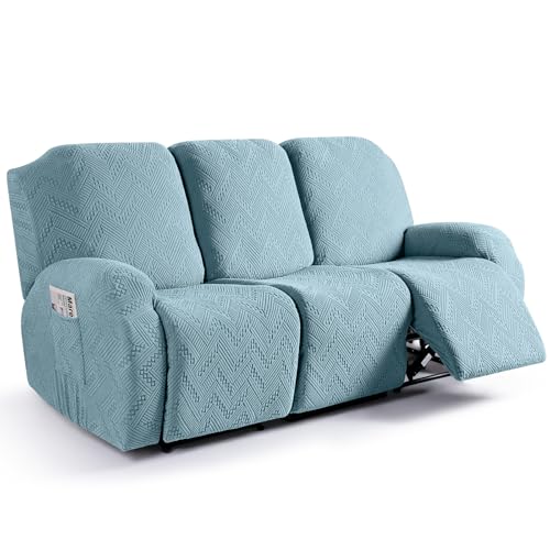 Image of Ruaozz Recliner Couch Covers 3 Pieces Sofa Recliner Covers with Pockets Stretch Reclining Slipcover Washable Furniture Protector with Elastic Bottom (3 Seater, Light Blue)
