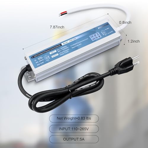 Image of QNNP LED Driver 60 Watts 12V DC with Plug, Waterproof Low Voltage Transformer Power Supply Transformer Adapter AC 85V-265V to 12V DC, IP67 LED Power Supply for Outdoor Indoor Lighting