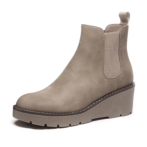 Athlefit Women's Chelsea Wedge Boots Elastic Platform Lug Sole Slip on Wedge Ankle Khaki Booties Size 8