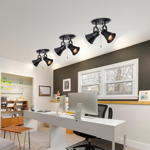 Image of 2-Light Black Track Lighting with Pull Chain, Industrial Adjustable Pull Chain Light Fixture Round Ceiling Light, Modern Flush Mount for Kitchen, Hallway, Dining Room