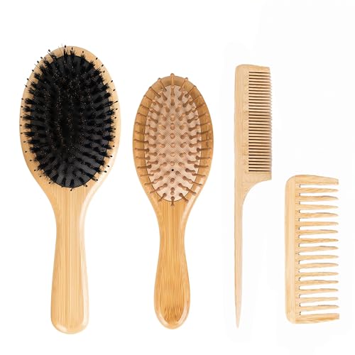 4 PCS Bamboo Hair Brushes Set Boar Bristle and Detangling Combs Hair Care Tools with Natural Bristles Birthday Gift for Family Friend Women Men Mother Hairbrush Kit