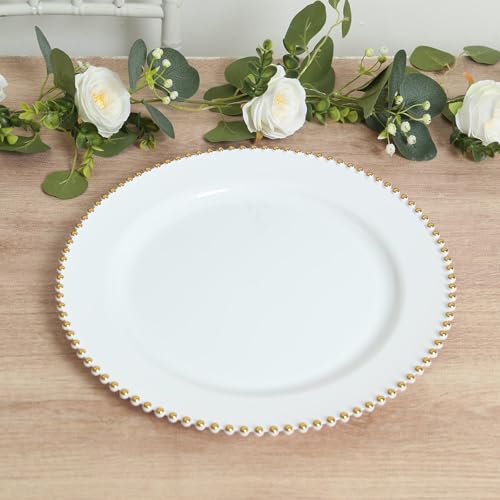 Efavormart 10-Pack 13" White Gold Beaded Rim Charger Plates, Economy Round Dinner Serving Trays for Formal Weddings and Classic Banquets