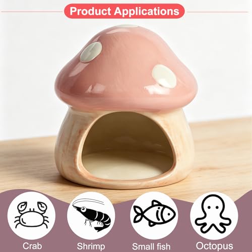 Image of AnRui Ceramic Betta Fish Tank Accessories Decor Cute Mushroom House Aquarium Decoration Hideout Cave Ornament for Small Fish, Shrimp, Goldfish and Reptiles (Pink)